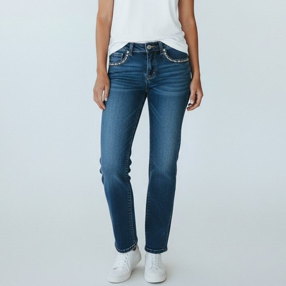 Miss Chic Jeans Women Straight Low Rise Zip Fly Flap Pockets Size 1 Bling!